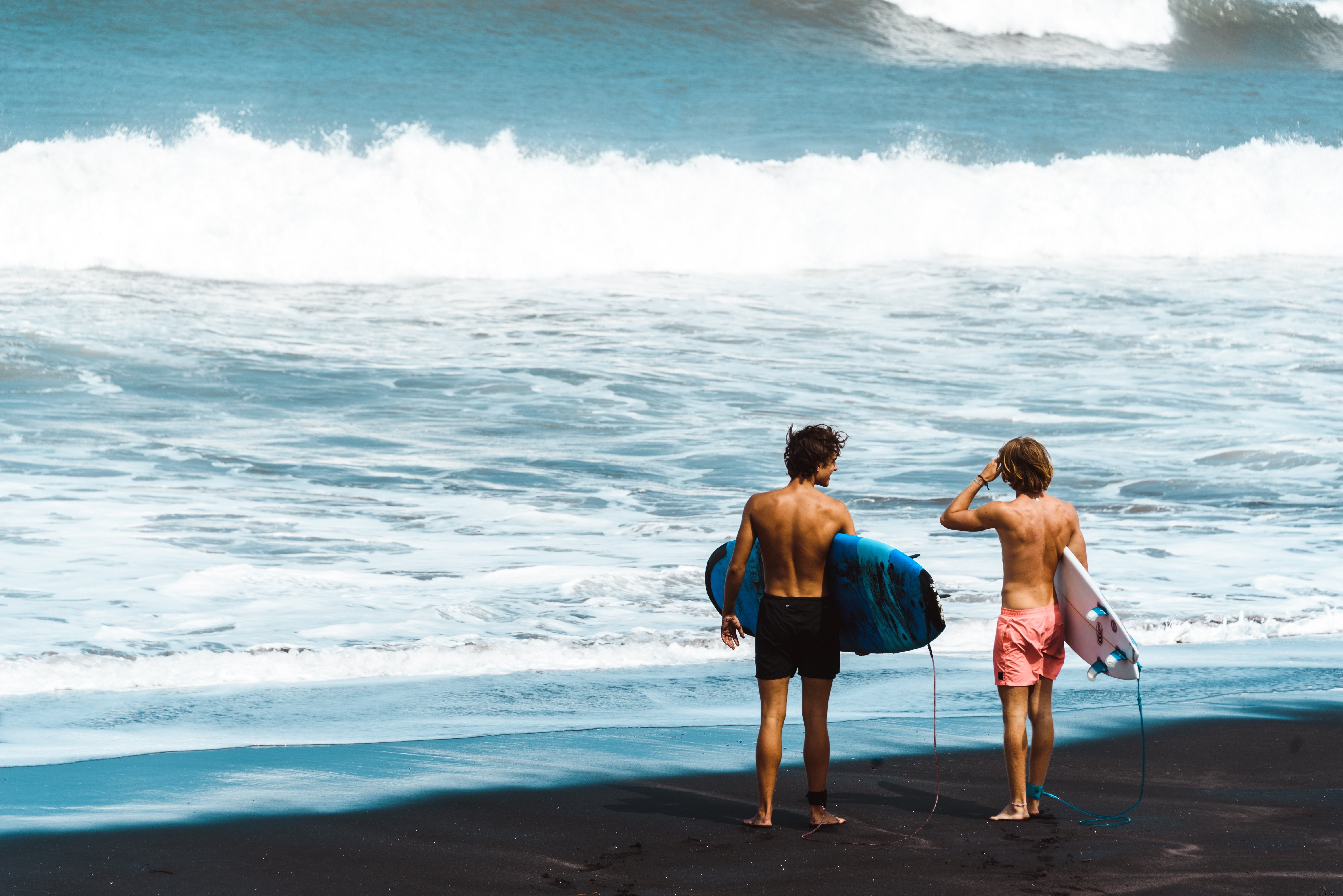 Des surfeurs posent sur le rivage