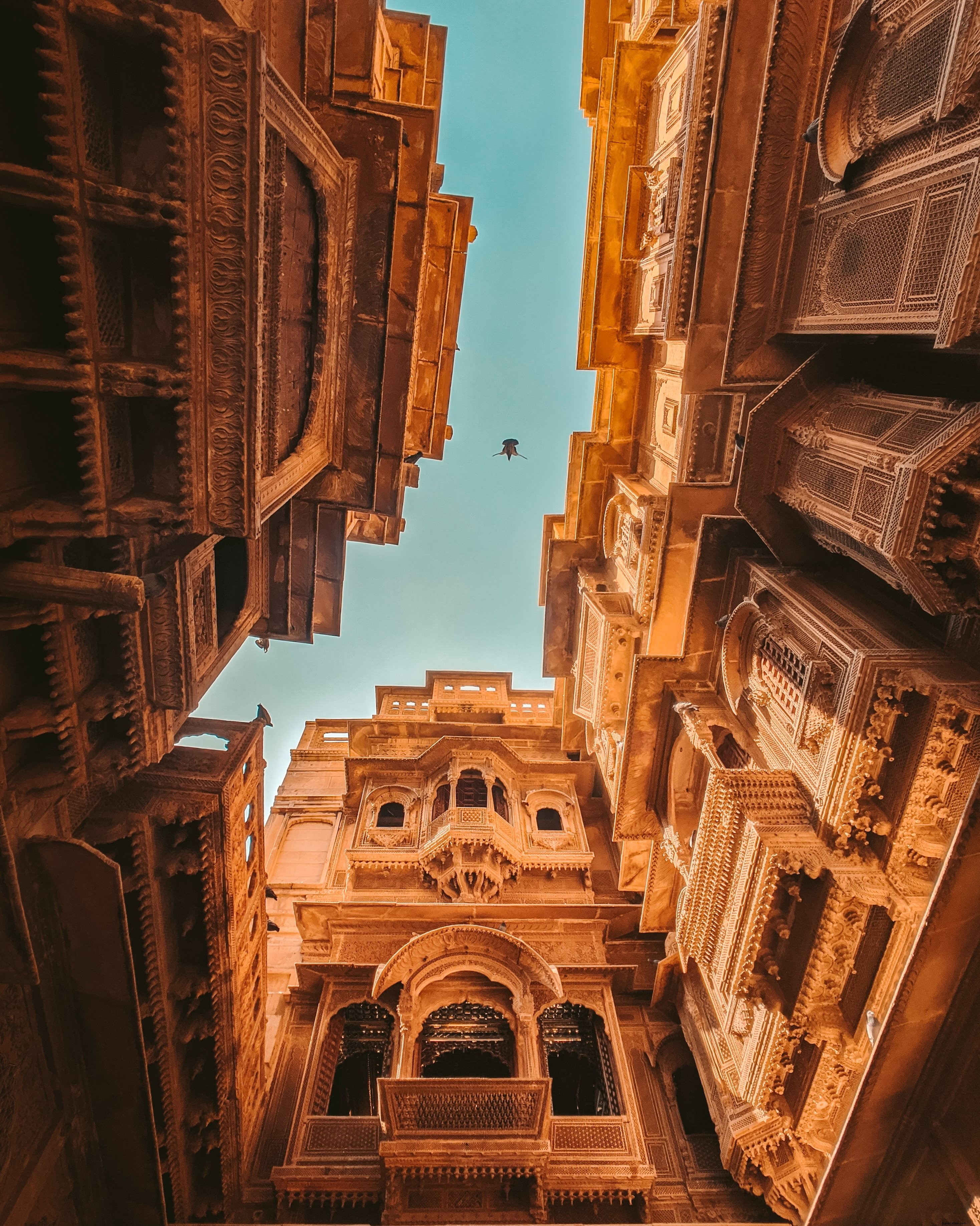 Un oiseau survole le Patwon Ki Haveli en Inde (photo)