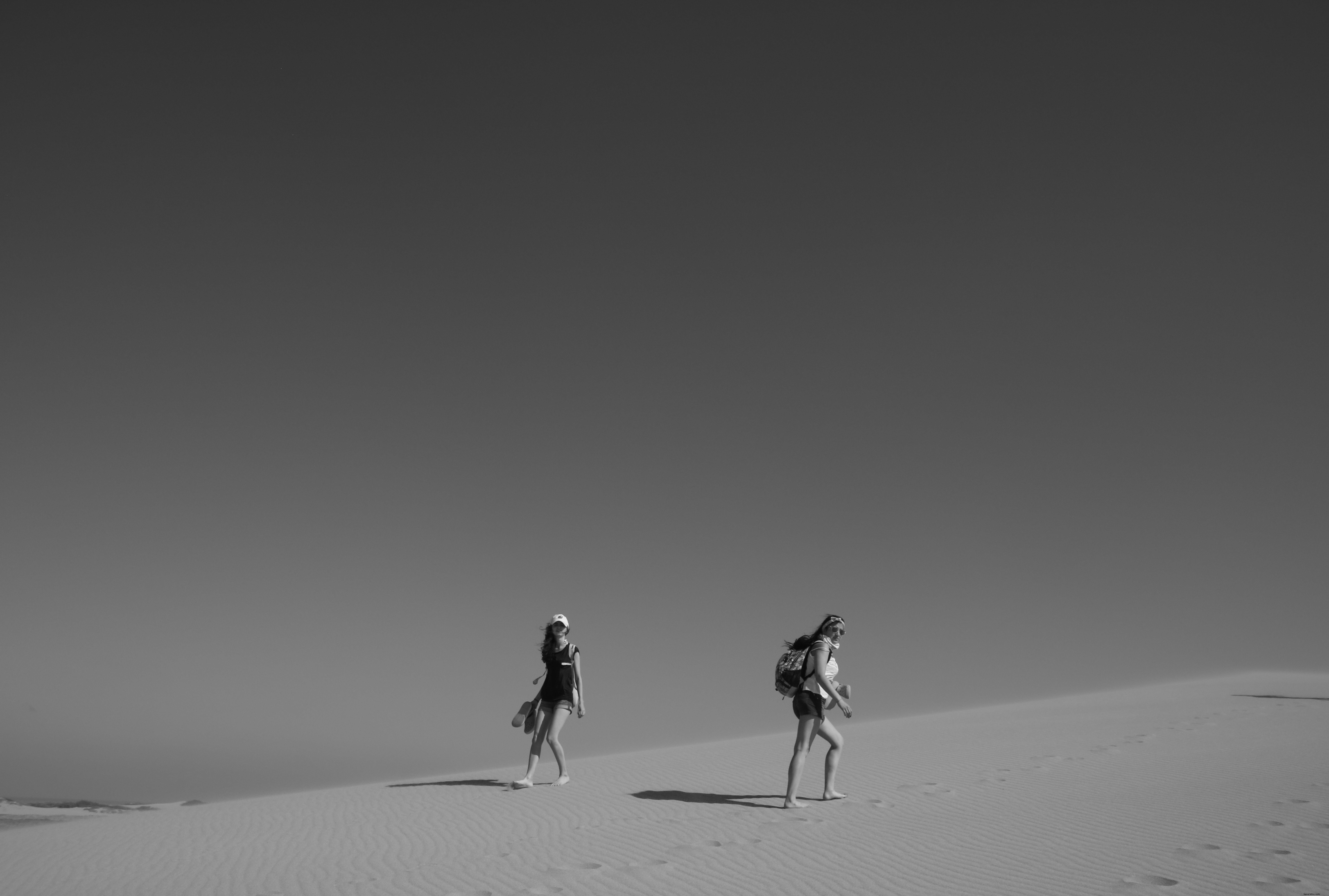 Silhouettes de marcheurs dans le désert – photo en noir et blanc
