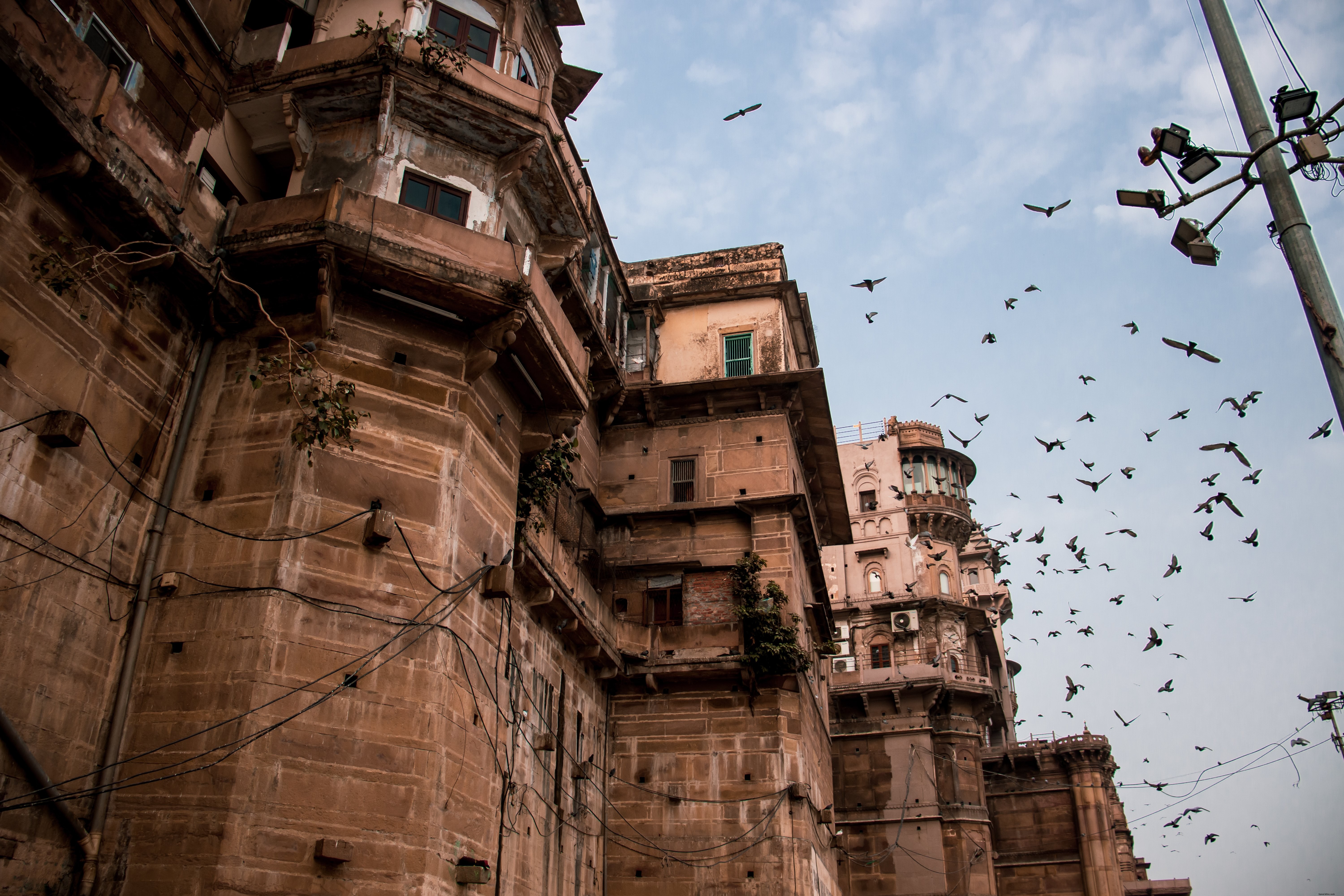 Bâtiment rouillé et oiseaux en vol sous un ciel bleu