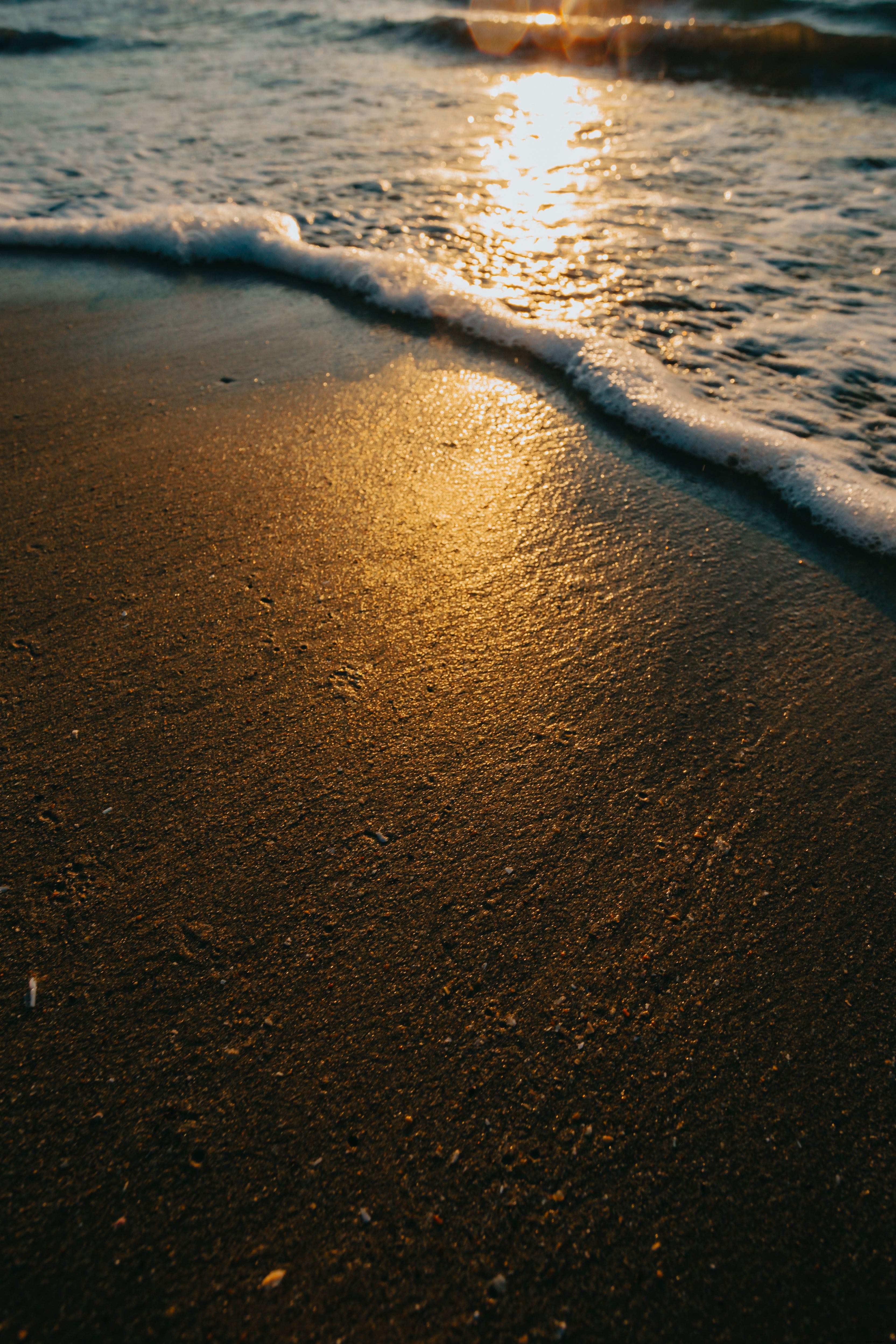 Coucher de soleil doré sur une plage de sable, vagues qui clapotent