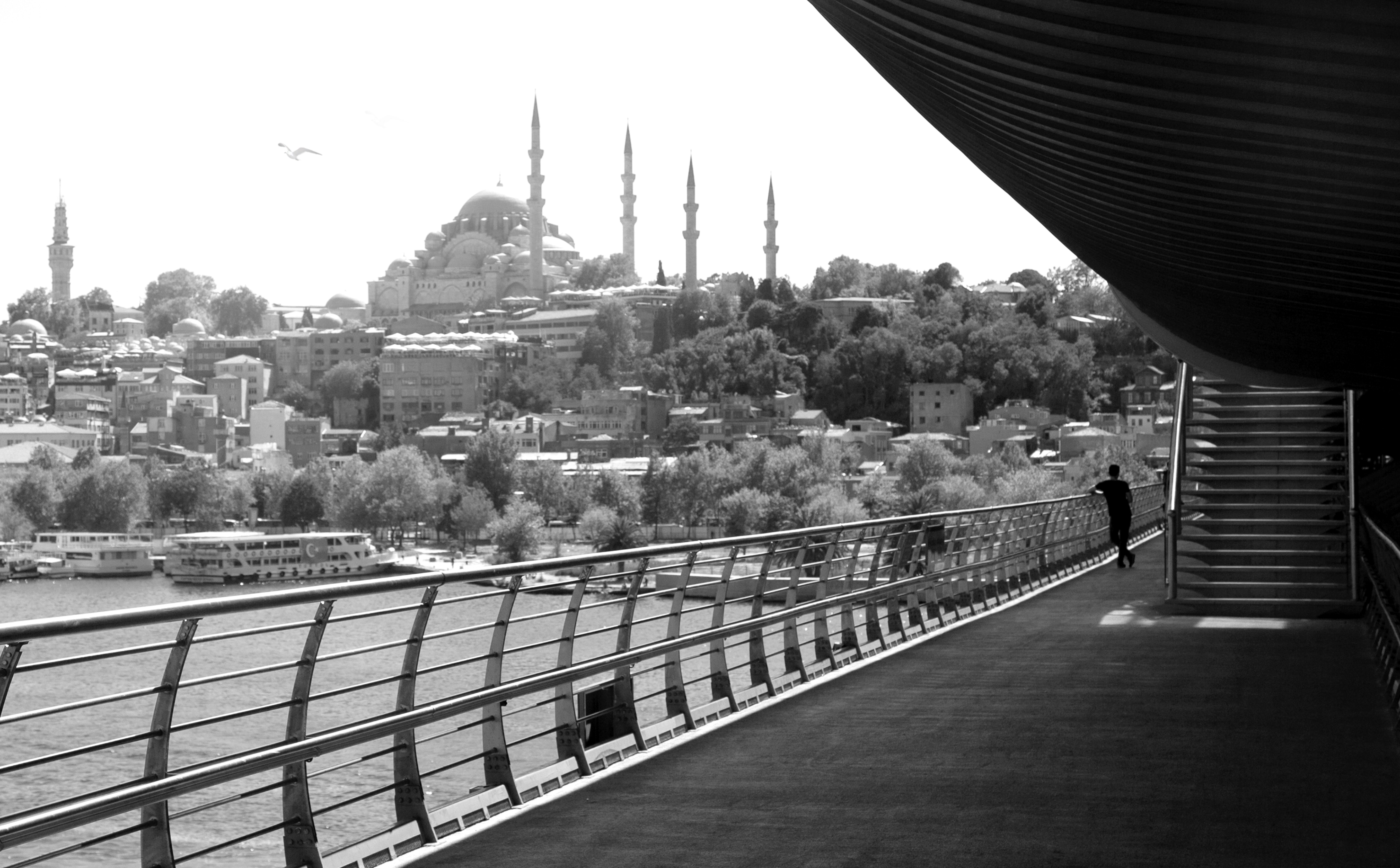 Silhouette solitaire au bout de l’allée, capturant la skyline de la ville