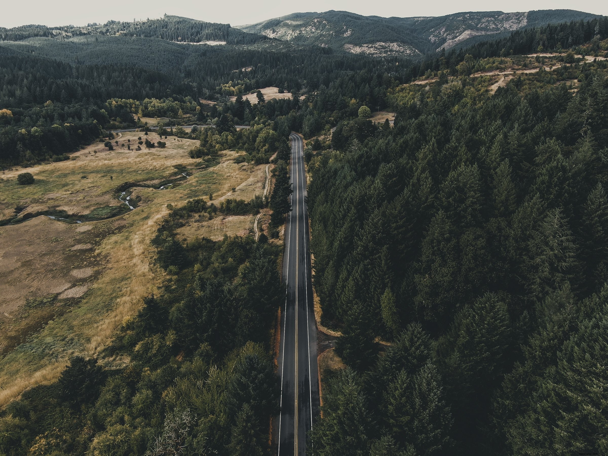 Vue aérienne d’une route sinueuse bordée d’arbres et de vallées – Photo